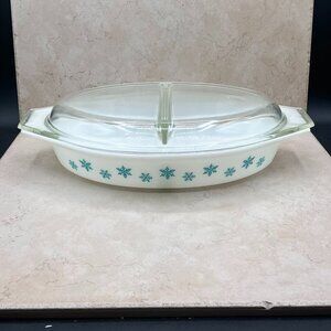 1956-1963 Pyrex Opalware 1.5 qt Divided Casserole Dish With Lid  Snowflakes